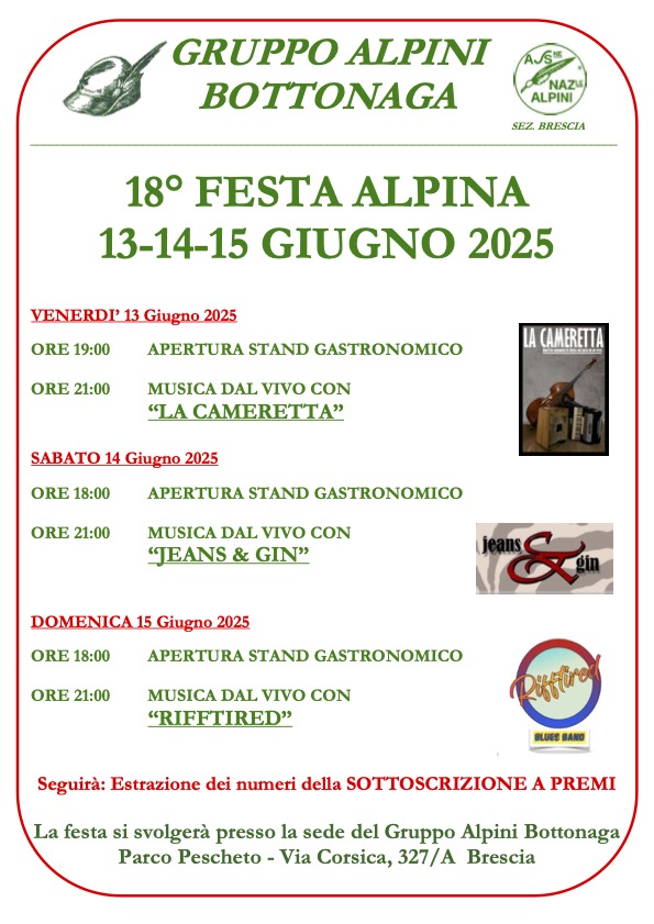 Locandina 18ª Festa Alpina - Gruppo Alpini Bottonaga