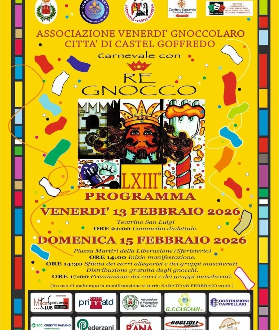Locandina Carnevale di Re Gnocco LXIII a Castel Goffredo