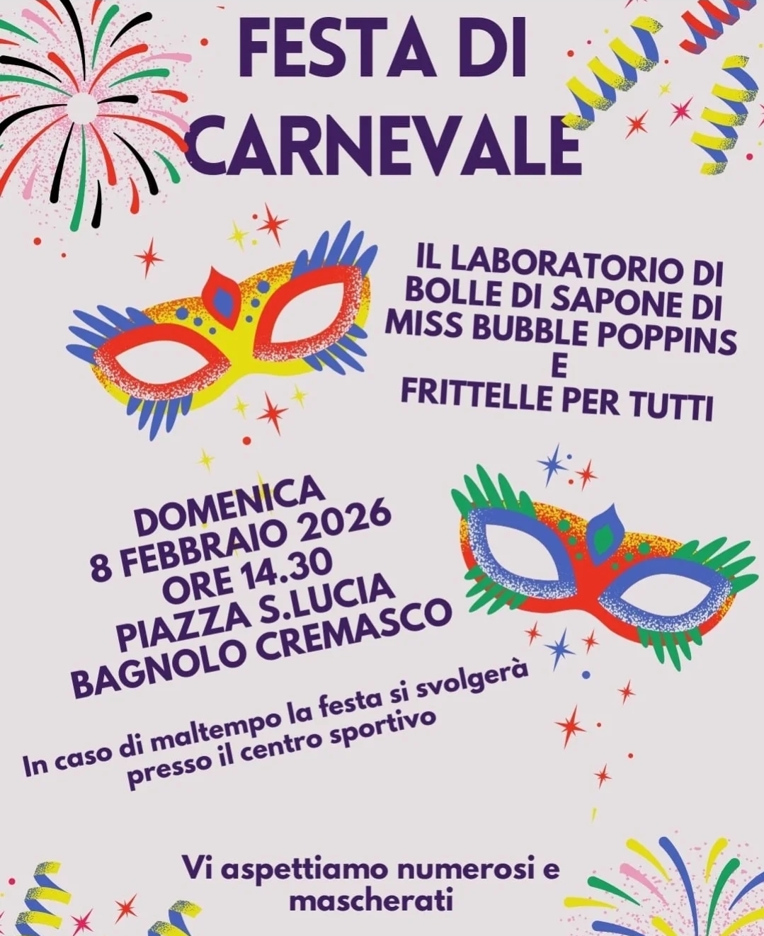 Locandina Festa di carnevale a Bagnolo Cremasco