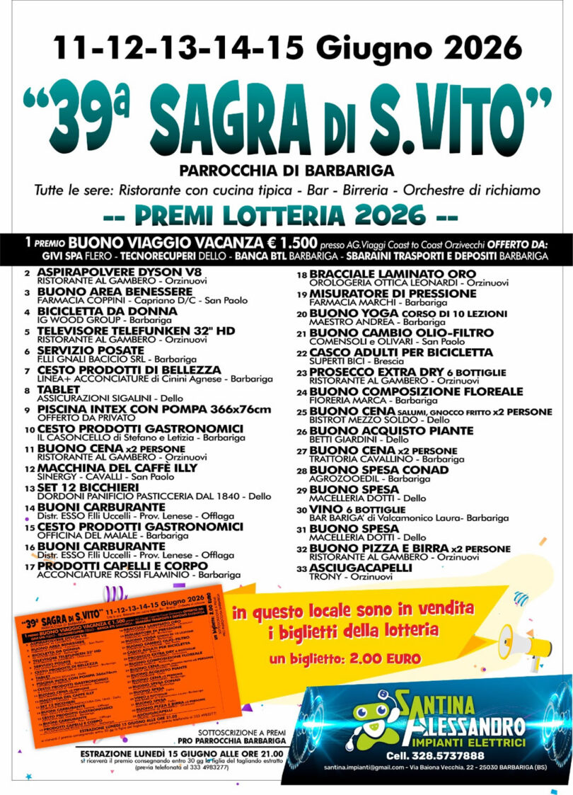 Premi lotteria Sagra di San Vito di Barbariga